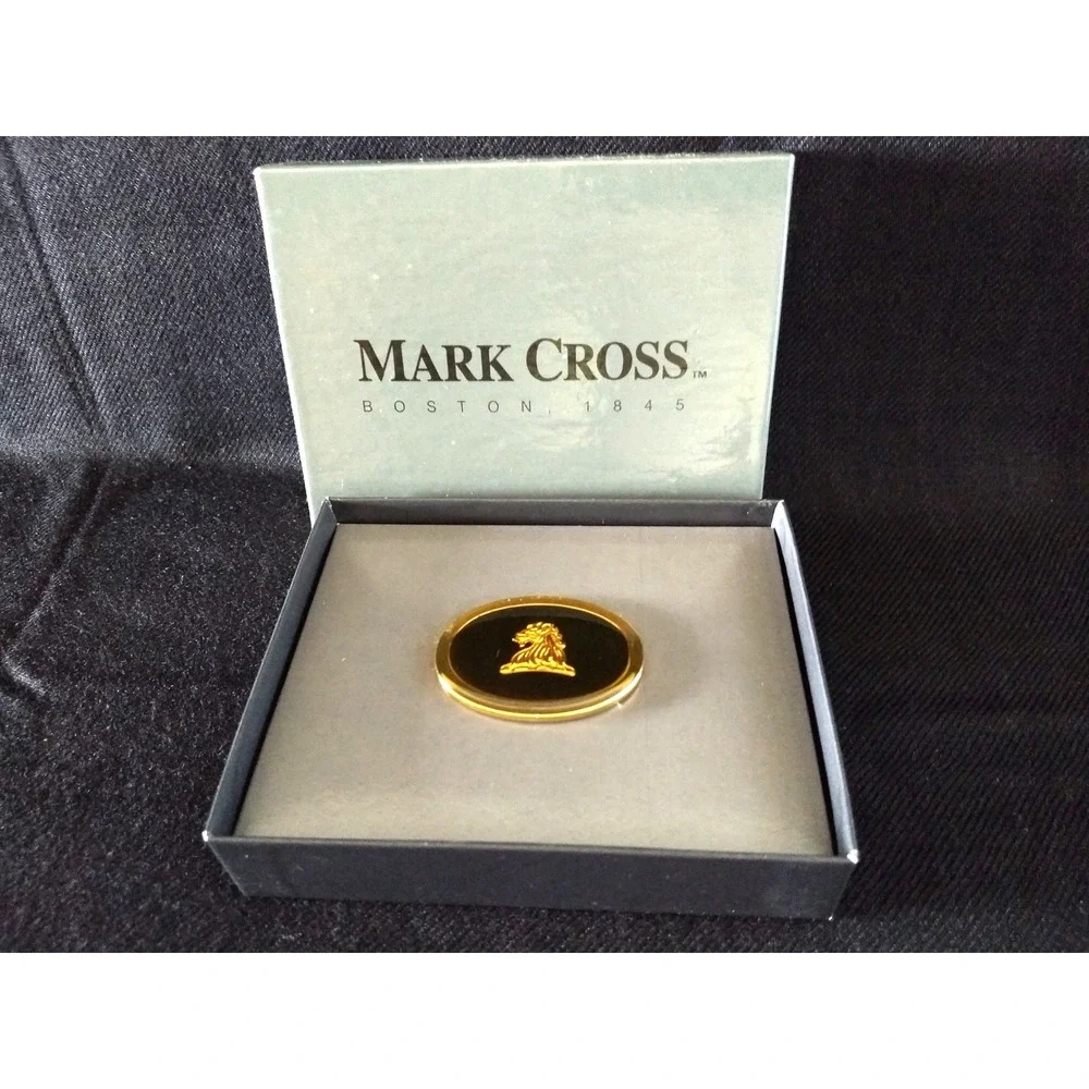 Mark Cross Money Clip Lions Head Logo Oval Black Gold-Tone Original Box Rare NOS